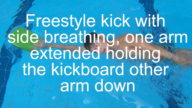 фото для Freestyle kick with side breathing one arm extended holding the kickboard other arm down