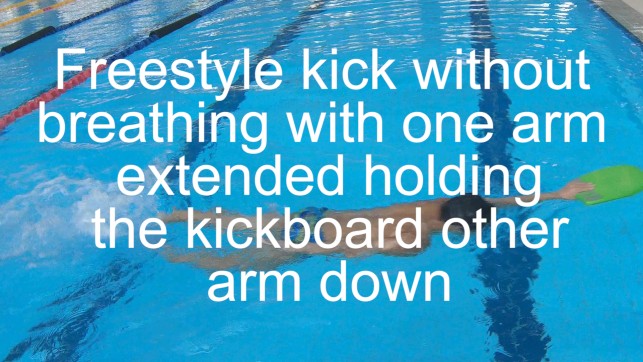 фото для Freestyle kick without breathing with one arm extended holding the kickboard other arm down